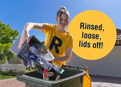 A graphic reading "rinsed, loose, lids off!"