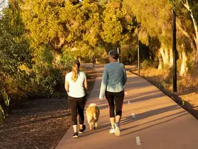 Two people walking a dog on a path