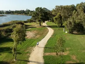 Aerial view of a person on a walking trail