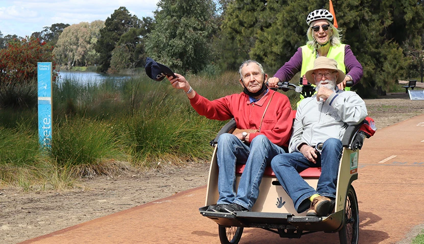 Group of seniors on the Community Trishaw Ride at Jackadder Lake