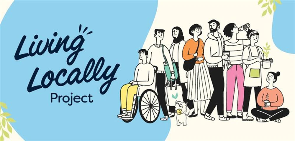 Photo of Illustrated Living Locally Project banner showing community members participating in local activities.