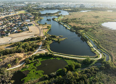 An aerial view of a lake