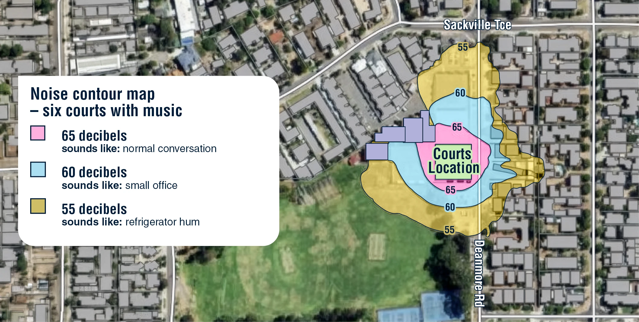 Noise contour map- six courts with music