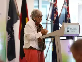 A woman speaks at a lecturn