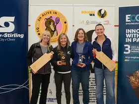 Womens 55-59 Open winners, including plate winner Fiona Whooley from Westminster