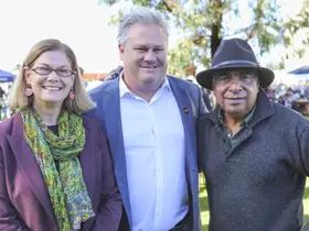 Meredith Hammat MLA, City of Stirling CEO Stevan Rodic and Nyoongar Elder Len Yarran