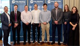 The lineup of sporting leaders at the breakfast, pictured with Mayor Mark Irwin AM