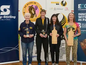  Womens 60-64 Open division winner Sue Hillier, runner-up Sue Williams, plate winner Helen Gib