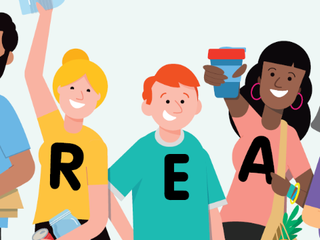 Cartoon characters wearing shirts spelling out 'GREAT'