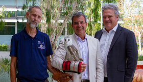 Mayor Mark Irwin and CEO Stevan Rodic with an owl