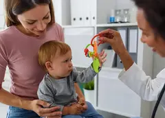A doctor holding a toy for a baby