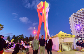 Coastal Ward Councillors Tony Krsticevic and Rob Paparde with Deputy Mayor Karlo Perkov at the Scarborough Beach Clock Tower.