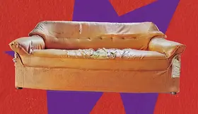 Worn and damaged sofa with torn upholstery against a bright red and purple graphic background.