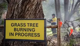A sign reading "Grass tree burning in progress"