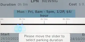 A thumbnail of a parking meter screen reading 'please move the slider to select parking duration'