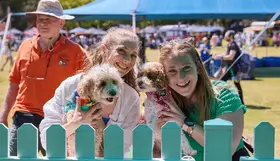a group of people posing with dogs