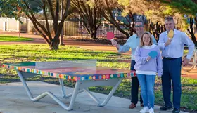 Deputy Mayor Suzanne Migdale with a colourful table tennis table