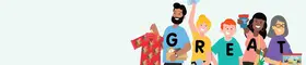 A cartoon graphic of people wearing shirts spelling out 'GREAT'