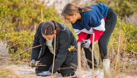 Two women planting near the coast