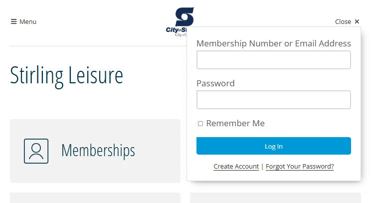 Step-1 Stirling Leisure login screen